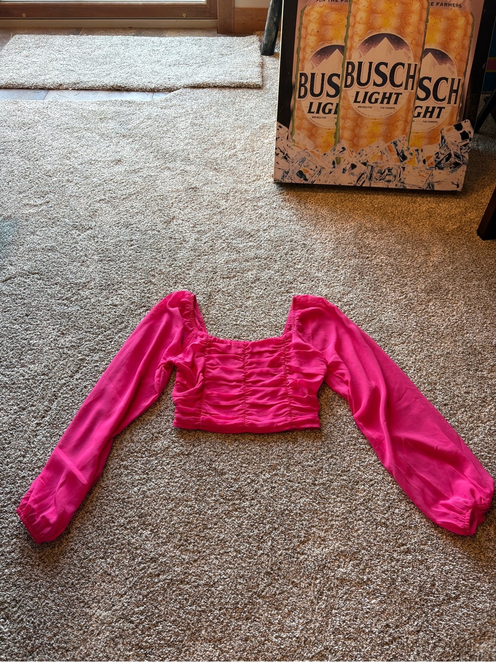 Altar'd State Hot Pink Ruched Square-Neck Long-Sleeve Crop Top